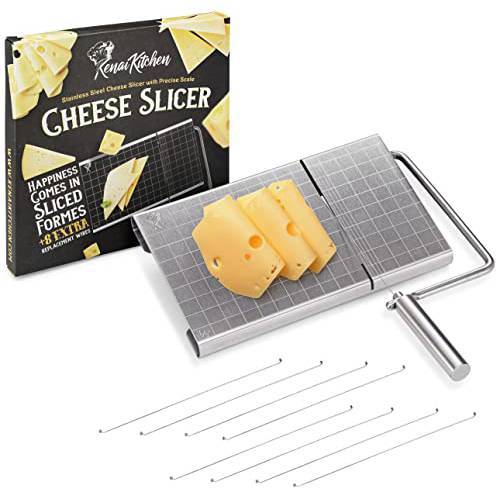 Cheese Slicers With Wire - Cheese Slicers for Block Cheese Incl. 8 Extra Wires with Accurate Size Scale On Cheese Slicer Board for Prices Cuts - Ideal Cheese Cutter with Wire for Charcuterie Boards