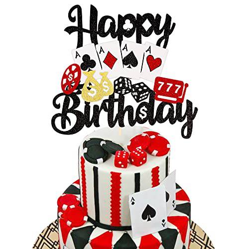 1 PCS Casino Cake Topper Poker Game Chips Player Happy Birthday Cake Pick Decorations for Las Vegas Casino Night Theme Birthday Party Supplies