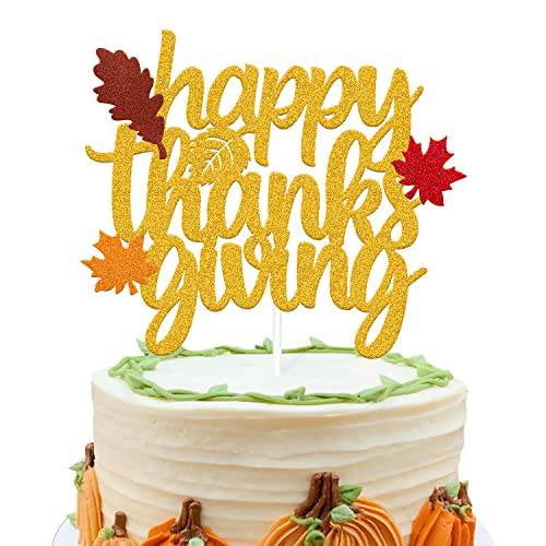 Happy Thanks Giving Cake Topper Autumn Fall Leaves Mantle Pumpkin Thanksgiving Day Festival Theme for Thankful Blessed Grateful/Happy Friends Giving/Give Thanks Party Supplies Decoration