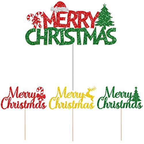 JOZON 37 Pack Gold Red Green Merry Christmas Cake Topper and Merry Christmas Cupcake Toppers Set Glittery Xmas Holiday Cupcake Picks Christmas Party Cake Supplies Decoration