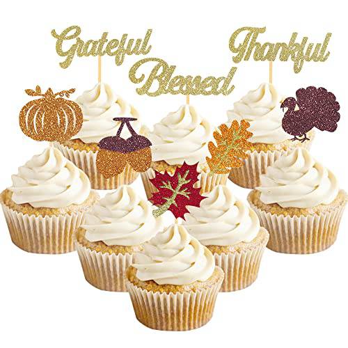 Glittery Thanksgiving Cupcake Toppers, 24 Pcs Fall Themed Cupcake Toppers Turkey Maple Leaf Pumpkin Cake Picks for Thanksgiving Day Party Decorations