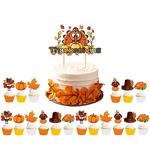 25 Pcs Thanksgiving Cake Toppers Kits Fall Cupcake Toppers Turkey for Harvest Day Autumn Cake Decoration
