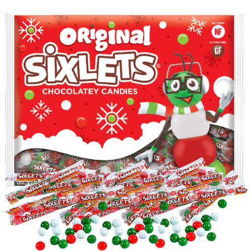 2022 Festive Christmas Sixlets Candy Small Coated Chocolate Flavored Hard Candies, Bulk Individually Wrapped Red, White, and Green Chocolates, 4 Ounce Bag