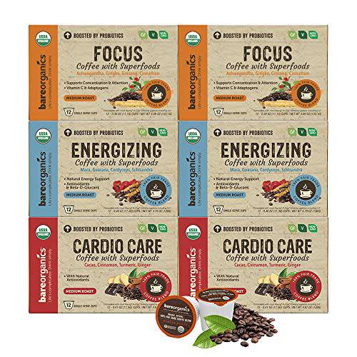 BareOrganics Coffee Variety Pack with Superfoods & Probiotics | Keurig K-Cup Compatible Coffee Pods | USDA Certified Organic, Vegan, Non-GMO & Recyclable, 10ct (Pack of 6)