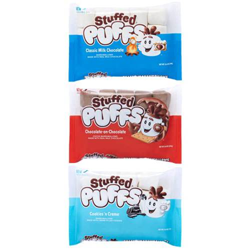 Stuffed Puffs - Variety 3 Pack, Filled Marshmallows, Perfect for S’mores and Snacking, 1 bag of Classic Milk Chocolate, 1 bag of Chocolate-on-Chocolate, and 1 bag Cookies ’n Creme (8.6 oz each)