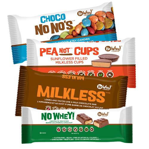 No Whey Foods - Four Pack Favorite Sampler (Milkless bar, Choco No No’s, Peanot Cups, No Whey Bar) Vegan/Allergy Friendly Chocolate Candy Dairy Free, Peanut Free, Nut Free, Soy Free, Gluten Free