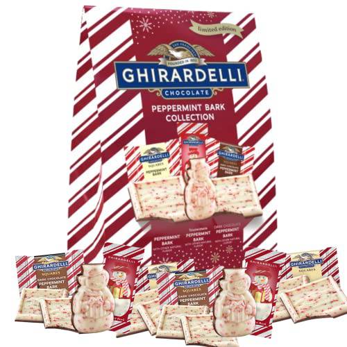 Ghirardelli Chocolate Limited Edition Peppermint Bark Assorted Squares and Snowmen Holiday Bag, Individually Wrapped Christmas Chocolates, 12.7 Ounces, Red, White