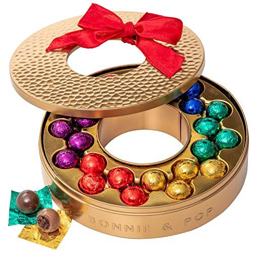 Christmas Chocolate Gift Basket- Holiday Wreath- Assorted Gourmet Milk and Dark Chocolate Truffles Box- Holiday Food Assortment Tin Tray- For Women, Men, Spouse, Partner, - Bonnie and Pop