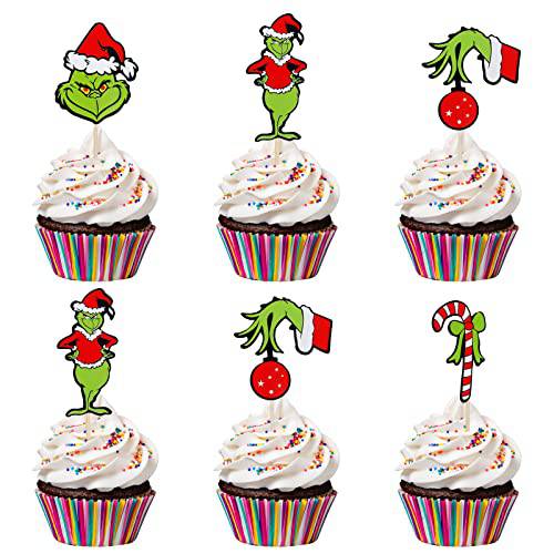24Pcs Grinch Christmas Cupcake Toppers Red and Green, Grinch Christmas Food Fruit Picks for Grinch Party Dessert Decoration, Grinch Birthday Cake Decor,Grinch Christmas Decorations Supplies