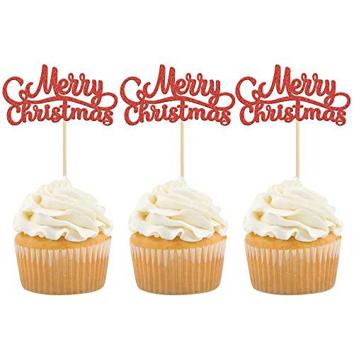 Gyufise 24 Pack Merry Christmas Cupcake Toppers Red Glitter Xmas Holiday Cake Picks Decorations for Christmas New Year Ceremony Cake Cupcake Decor Supplies