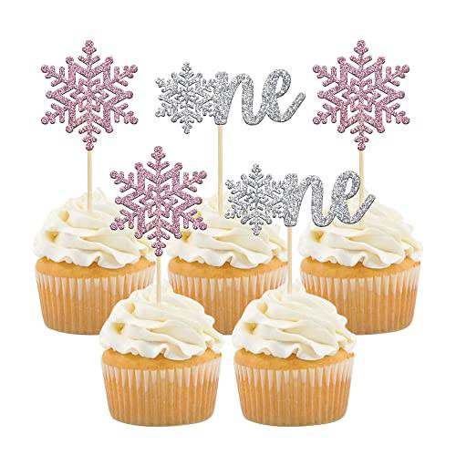 Gyufise Snowflake One Cupcake Toppers Pink Silver Glitter Girl Snowflake Cupcake Pick Decorations for Winter Onederland 1st Birthday Girl Winter Wonderland Decorations 24Pcs