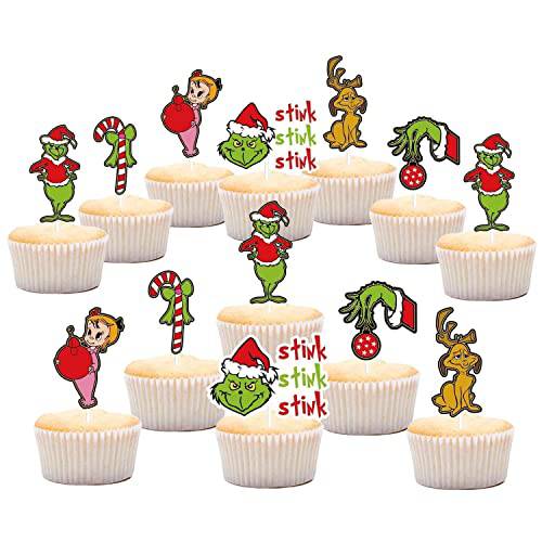 24Pcs Grinch Cupcake Toppers Grinch Fruit Cupcake Toppers Christmas Cupcake Toppers Grinch Cupcake Decorations Grinch Cake Decorations