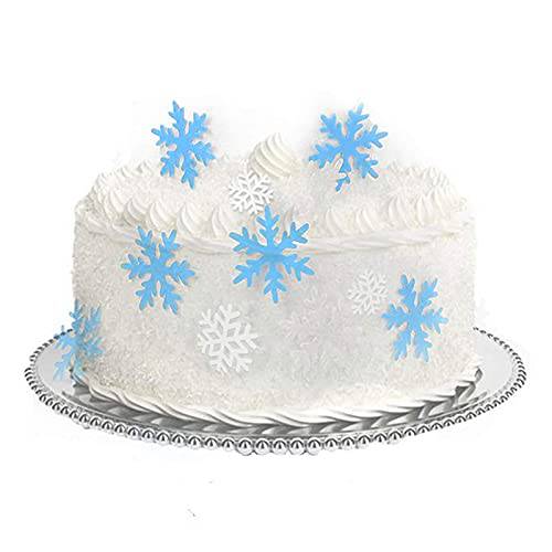 Weraru 48Pcs Edible Cake Toppers Snowflakes Christmas Winter Party Cupcake Decoration White and Blue
