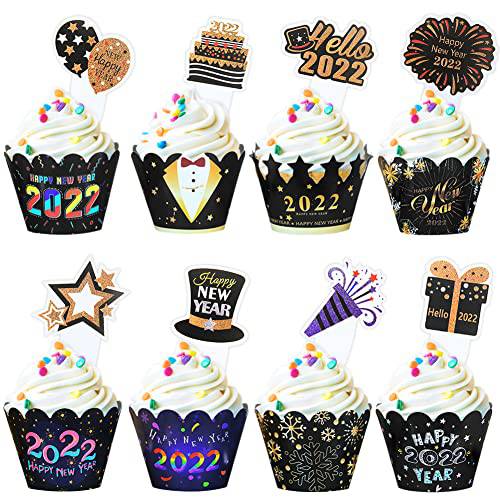 48pcs Happy New Year Cupcake Toppers and Wrappers,Happy New Year Hello 2023 Cupcake Cake Picks, Black Gold for Happy New Years 2022 Eve Party Decorations & Supplies