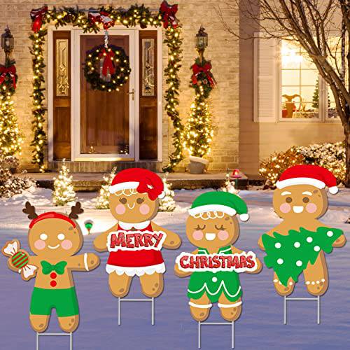 4Pcs Large Merry Christmas Gingerbread Man Yard Sign with Stakes,Gingerbread man Lawn Sign Colorful Lawn Patio Yard Decorations for Holiday Party Home Lawn Pathway Walkway Decorations Supplies