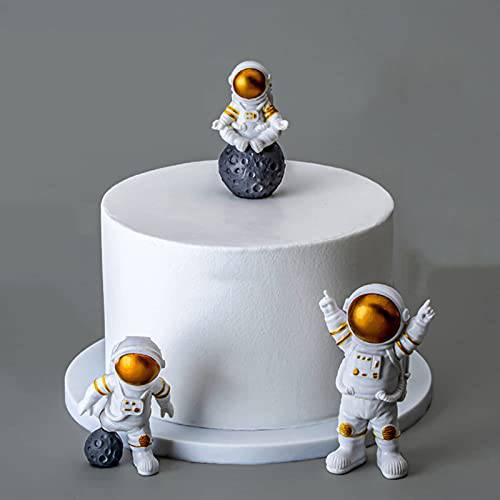 LUOZZY 3Pcs Astronaut Figurines Cake Topper Outer Space Cake Decoration Spaceman Model Display Miniature Astronaut Toys Set (Golden)