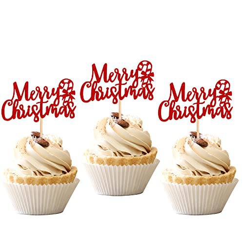 24 PCS Merry Christmas Cupcake Toppers with Christmas Cane Glitter Christmas Cupcake Picks Xmas New Year Holiday Christmas Party Cake Decorations Supplies Red