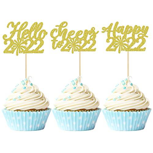Gyufise 24 Pack Gold Glitter Happy New Year Cupcake Toppers Hello 2022 Cheers to 2022 Happy 2022 Cupcake Picks Decorations for 2022 New Years Eve Party Decoration Supplies