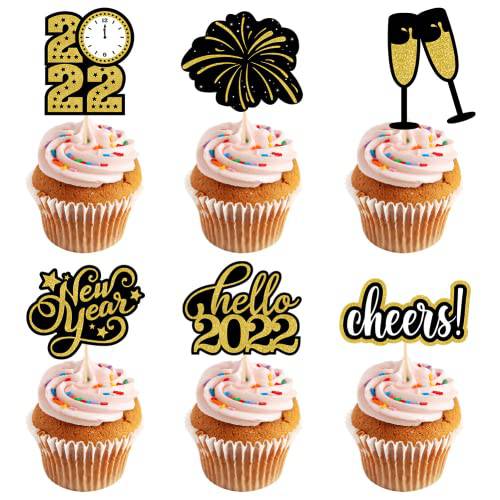24Pcs Glitter 2022 Happy New Year Cake Cupcake Toppers 2022 Hello Cheers to 2022 Cupcake Toppers Holiday Favors Ceremony Party Decorations Cake Fruit Picks for New Years Eve Party