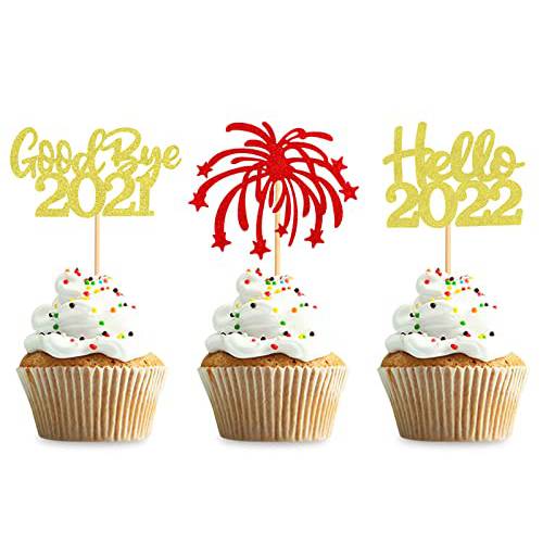 Keaziu 24 Pack Happy New Year 2022 Cupcake Toppers Good Bye 2021 Hello 2022 Cupcake Picks for New Years Eve Party Decoration