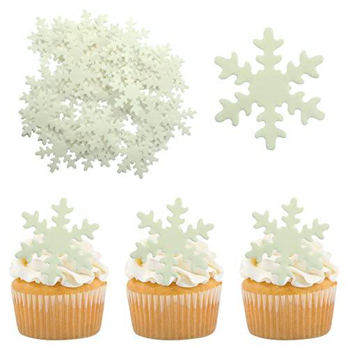 Gyufise 50Pcs White Edible Cupcake Toppers Snowflakes Cake Decoration for Christmas Winter Frozen Birthday Party Supplies