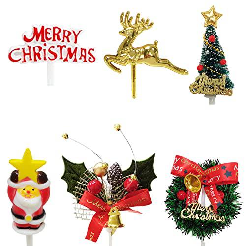 6Pcs Christmas Cake Decorations Xmas Cake Toppers Santa Deer Star Tree Bell Garland Festive Stand UP Muffin Cupcake Topper for Christmas Party Table Cake Edible Birthday Wedding Decor Supplies