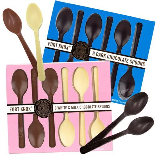 Solid Chocolate Stirring Spoon Assortment with Milk, Dark, and White Chocolates, Edible Spoons for Dipping, Hot Cocoa, and Gourmet Gift Basket Stuffers, Pack of 2, 12 Spoons Total