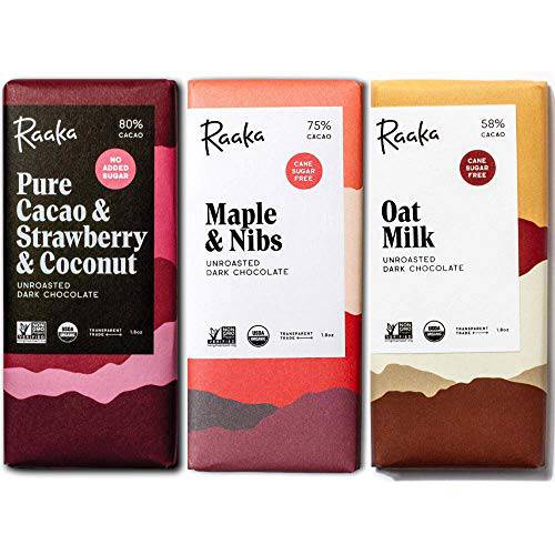 Raaka Chocolate Refined Sugar Free Dark Chocolate Pack | Gourmet Dark Chocolate Gift | Organic, Kosher, Vegan, Gluten Free, Soy Free, Fair Trade, Paleo, Cane Sugar Free | 1.8oz Bars, 3-Pack