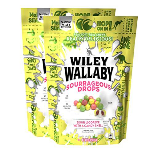 Wiley Wallaby 8 Ounce Sourrageous Drops Mix of Watermelon, Green Apple and Lemon Soft & Chewy Licorice with a Candy Shell (2 Pack)