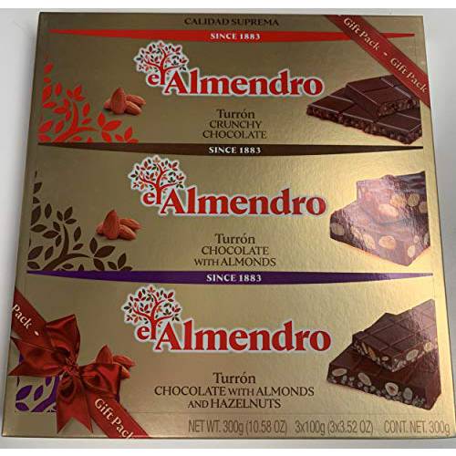 El Almendro Turron Chocolate Variety Gift Pack - 3 Bars: Chocolate With Almonds + Crunchy Chocolate + Chocolate With Almonds And Hazelnuts - 10.58 Oz (300g) Box