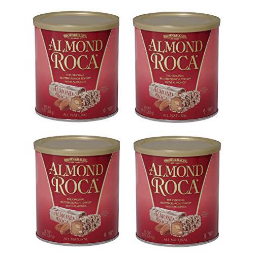 Brown & Haley Almond ROCA Canister, Individually Wrapped Chocolate Candy, Classic Buttercrunch Toffee with Almonds, 10 Ounces (Pack of 4)