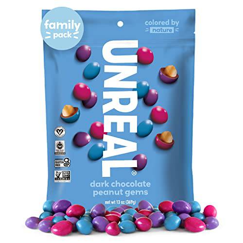UNREAL Dark Chocolate Peanut Gems | Certified Vegan Fair Trade, Non-GMO | Made with Gluten Free Ingredients and Colors from Nature | No Sugar Alcohols or Soy | Family Pack