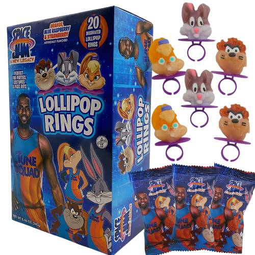 Flix Space Jam Lollipop Candy Party Favors Individually Wrapped Bugs Bunny, Lola Bunny, and Taz Character Shaped Lollipop Rings, 18 Count