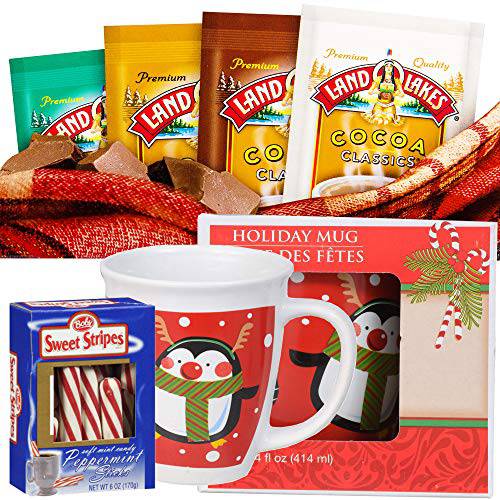 Cocoa Gift Set | Land O Lakes 8 Variety Packets (Chocolate French Vanilla Salted Caramel & Mint) 14 Oz Christmas Mug & Bobs Sweet Peppermint Candy Stir Sticks