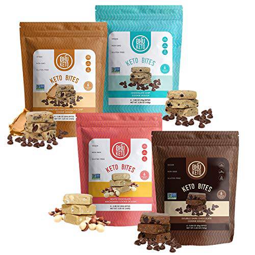 BHU Keto Protein Bites (4 Bag Cookie Dough Variety Pack - Chocolate Chip, Double Dark Chocolate Chip, Peanut Butter Chocolate Chip, White Chocolate Macadamia) - 6 Individually Wrapped Snacks per Bag