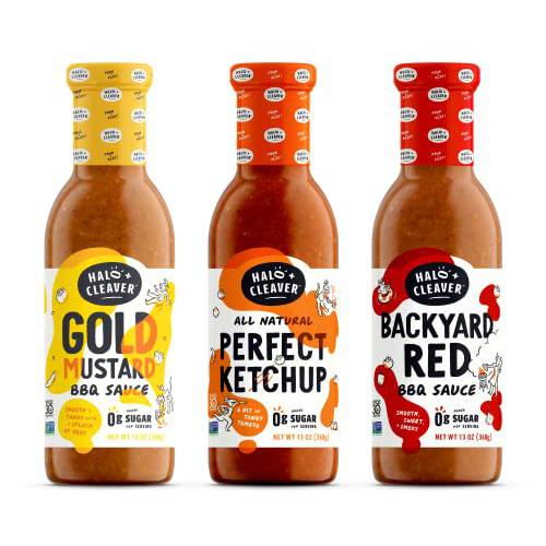 Halo and Cleaver No Sugar Ketchup and BBQ Sauce Gift Set | Added Sugar Free Sauces Sweetened with Apples | Includes a Gold BBQ Sauce, Classic Ketchup, and Classic Barbecue Sauce - 13 oz Pack of 3