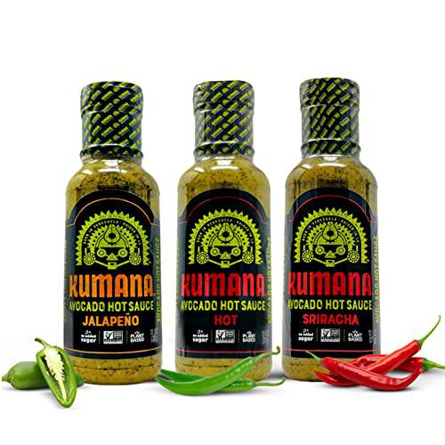 Kumana Avocado Hot Sauce, 3 Bottle Variety Pack. Gourmet Hot Sauces made with Ripe Avocados. Keto & Paleo. No Sugar Added & Low Carb. Hot, Jalapeño and Sriracha. (13 Oz. Squeeze Bottles Each)