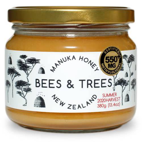 Bees & Trees 550+ MG 100% Raw New Zealand Manuka Honey, 380gm Glass Jar
