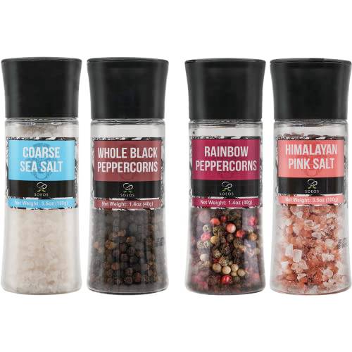 Soeos Black Peppercorns + White Sea Salt + Rainbow Peppercorns + Pink Salt, 9.8oz(277.82g) Spice Total, Plastic Bottle Grinder with Spice Included, Salt and Pepper Set, Grinder Set, Spice Set.