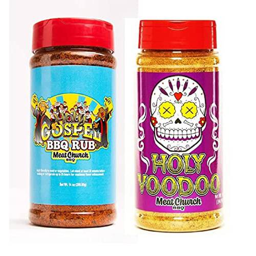 Meat Church BBQ Rub Combo: Holy Gospel (14 oz) and VooDoo (14 oz) BBQ Rub and Seasoning for Meat and Vegetables, Gluten Free, One Bottle of Each