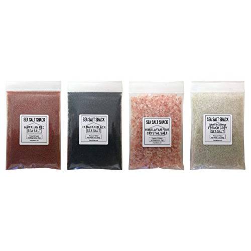 Sea Salt Shack Classic Variety 4 Pack | Himalayan Pink Crystal Salt, French Grey Sea Salt, Red Alaea Hawaiian Sea Salt, Black Lava Hawaiian Sea Salt (2oz Each)