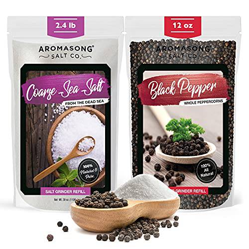 Aromasong Organic Coarse Sea Salt (2.43 LB.) with Black Peppercorn (12 OZ) Grinder, Mill Refill Combo Set for Cooking & Baking - Bulk Resealable Bag