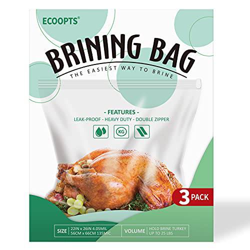 3 Counts Turkey Brining Bag by ECOOPTS | 26×22 Extra Large Brine Bag | Thickened Brining Bag Holds Up to 35 Pounds | Double Zippers Seal Brine Bags | BPA Free (3 Brine bags)