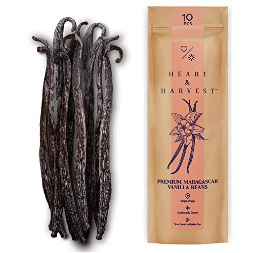 Heart & Harvest Premium Madagascar Vanilla Beans Grade A, 5- 6 Long Bean Sticks, Pack of 10 Whole Vanilla Pods Perfect to Make Pure Vanilla Powder & Extract for Baking, Ice Cream, Syrup & More
