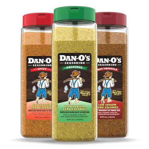 Dan-O’s Seasoning 20 oz Variety Bundle - 3 Pack (Original, Spicy, & Chipotle) | All Natural | Sugar Free | Keto | All Purpose Seasonings | Low Sodium Seasoning