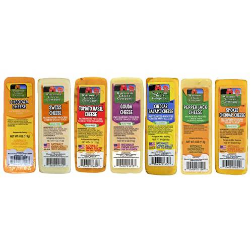 WISCONSIN CHEESE COMPANY’S - Specialty Cheese Blocks, Assortment Sampler of Wisconsin Cheeses, (7-4oz. Blocks) Cheddar, Pepper Jack, Swiss, Gouda, Cheddar Salami, Smoked Cheddar and Tomato Basil. Great to add to your Christmas Gift Basket