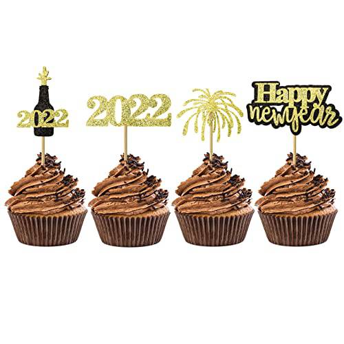 32pcs 2023 Happy New Years Cupcake Toppers for New Years Eve Party Glitter Black and Gold Cupcake Decorations