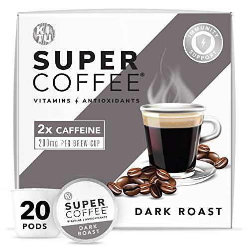 Super Coffee Pods, Energy & Immunity (2x Caffeine, Vitamins, Antioxidants) [Dark Roast] 20 Count | Keto Coffee Pods Compatible with Keurig 2.0 K-Cup Brewers