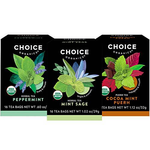 Choice Organics - Mint Tea Variety Pack Sampler (3 Pack) - Includes Peppermint, Mint Sage, and Cocoa Mint Puerh Organic Teas - 48 Tea Bags