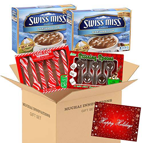 Swiss Miss Hot Cocoa Mix with Marshmallow 12 Envelops, 6 Peppermint Candy Cane Spoons & 6 Milk Chocolate Stirring Spoons Plus Free Card Tag - Gift Set